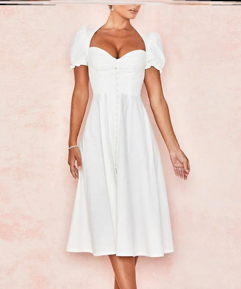 Ele White Dr with Square Collar Bubble Princ Sves High Waist A-Line Skirt Long Sve ort Dr Street Sle