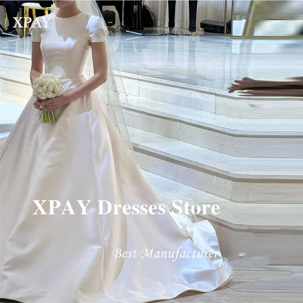 

XPAY Simple A Line Satin Wedding Dresses short Sleeves O-Neck A Line Sweep Train Bride Gowns With Veil Customized Korea