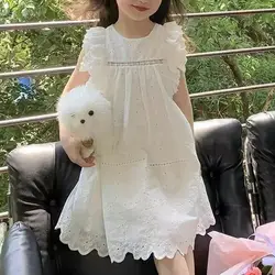 Girl's Summer Princess Style Dress Cute Fashionable Beautiful Lace Hollow Dress With Flying Sleeves Elegant Birthday Party Dress