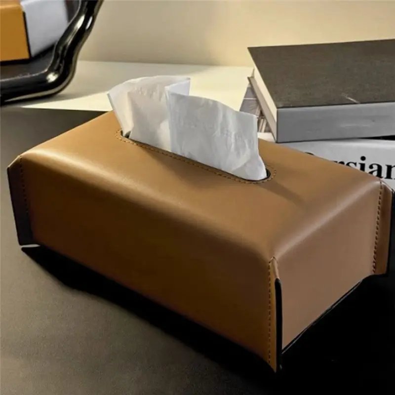 AB08-Tissue Box Leather Napkin Case Luxury Paper Cover Living Room Tissue Paper Holder Desktop Home Tabletop Decoration Brown