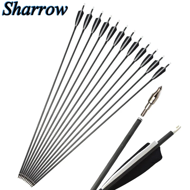 6/12/24pcs Carbon Arrow 35 Inches Spine 500 Diameter 7.2mm with Black and White Color for Compound/Recurve Bow Hunting Archery