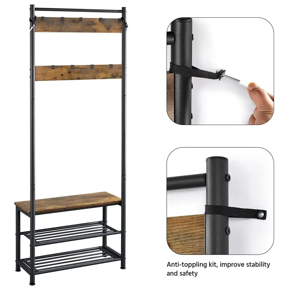 شجرة قاعة معدنية مقاس 73 بوصة مع مقعد تخزين للأحذية، بني ريفي