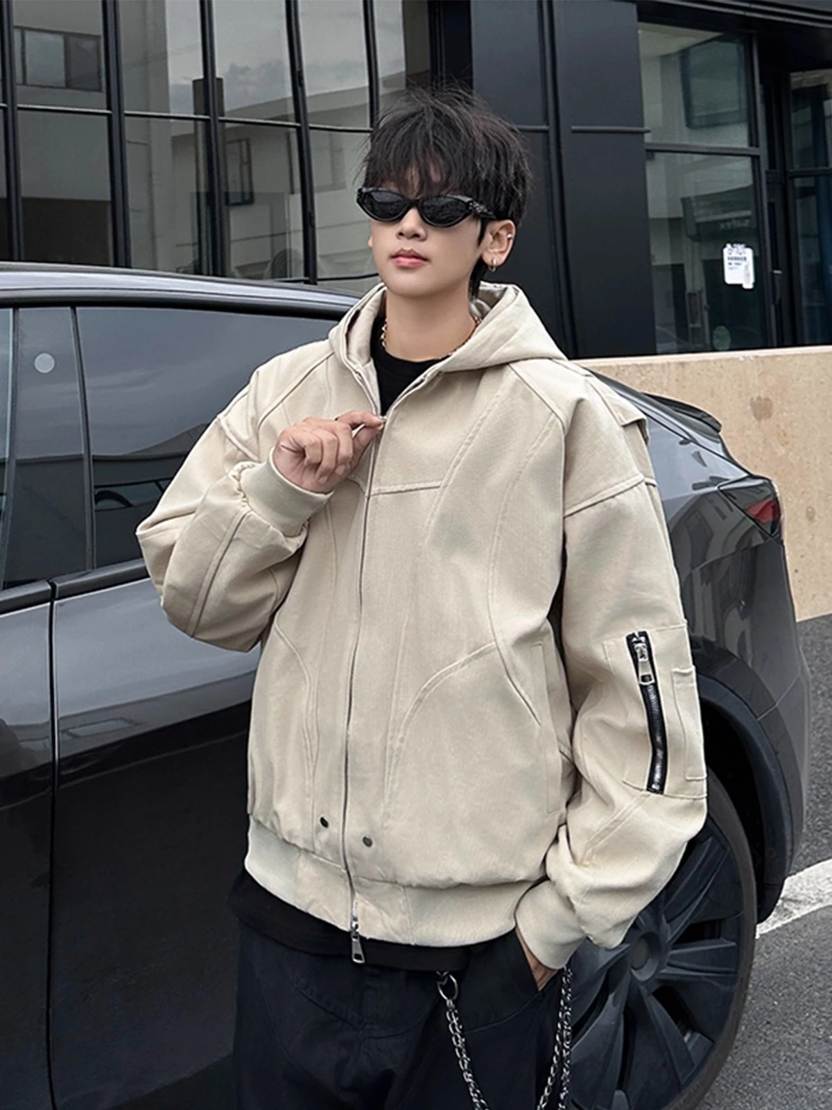 

Waed out American Sle Khaki Baseball Jaet Loose Fit Men's Hooded Jaet Versatile Outerwear Casual Youth Faion