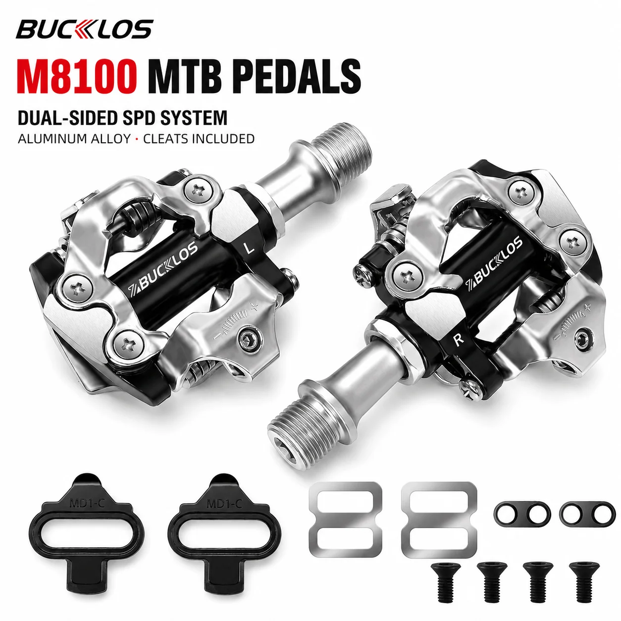 BUCKLOS M8100 MTB Pedals Aluminum Alloy SPD Compatible Dual-Sided Clipless Pedals with Cleats for Mountain Bike Cycling
