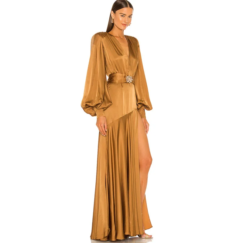 Deep V-shoulder tassel flared sleeves for high-end banquet design, elegant split hem, evening dress