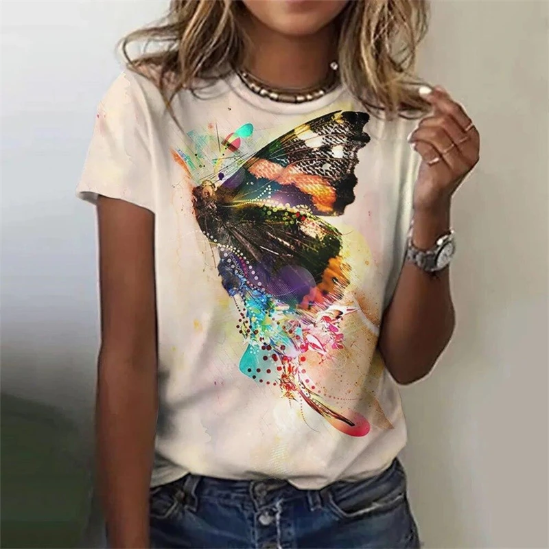 Estate Casual Vintage T-shirt da donna Donna 3D Stampa Farfalla O-Collo T Shirt Moda femminile Allentato Manica corta Top Tees