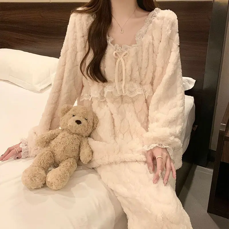 Winter Sexy Princess Style Pajamas Women Coral Velvet Sweet Flannel  Velvet Thickened Homewear Two-piece Set pajamas for women