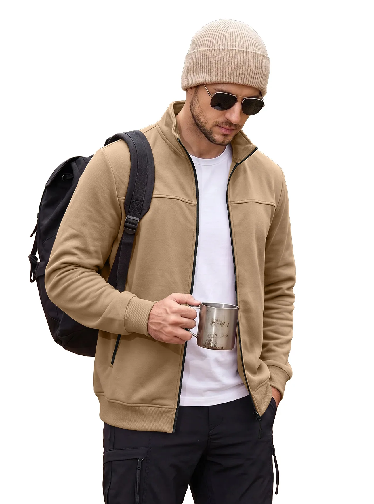 Men's Fall/Winter Stand Collar Fleece Lined Zipper Side Pocket Outdoor Casual Long Sleeve Cardigan Jacket