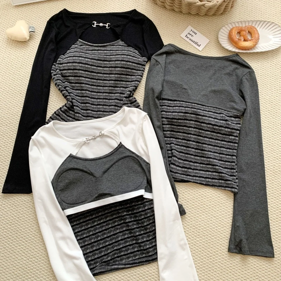 Autumn New Style Women's Slim Fit Long Sleeve T-Shirt Hollow out Splicing Design Fixed Band Chest Pad Top Pure Desire Style