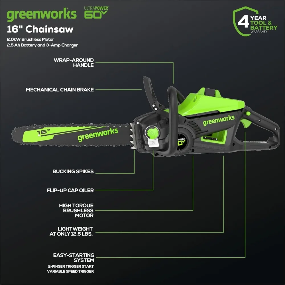 Greenworks 60V 16 "Borstelloze Draadloze Kettingzaag, 2.5ah Batterij En Oplader Inbegrepen