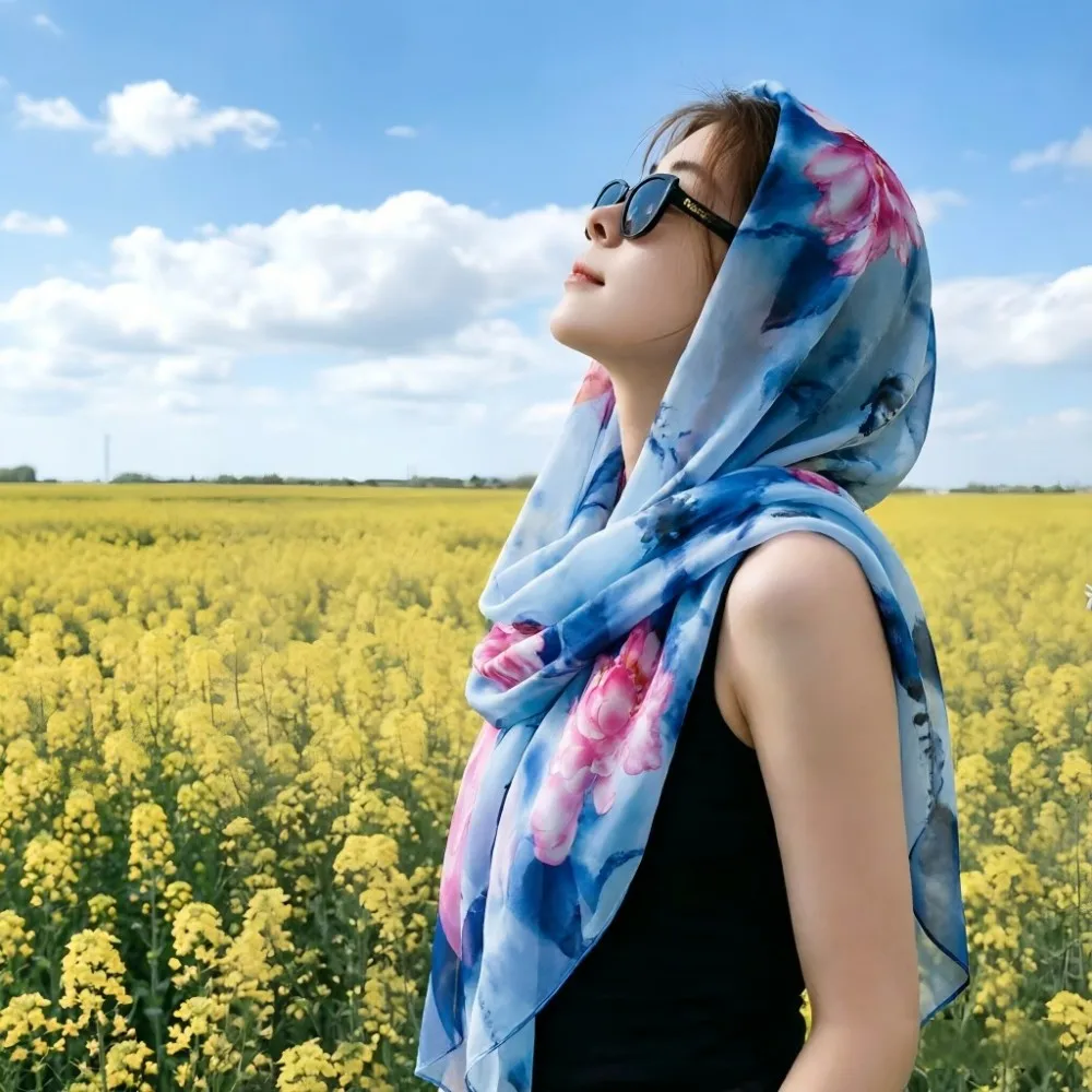 Watercolor Lotus Chiffon Scarf for Women Elegant Floral Print Long Shawl Wrap, Lightweight Georgette Silk Feel Scarves view 5