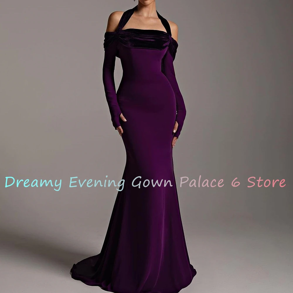 Customized Sexy Jersey Straight Evening Dress Temperament Floor Length Long Sleeves Halter vestidos de fiesta Custom Size