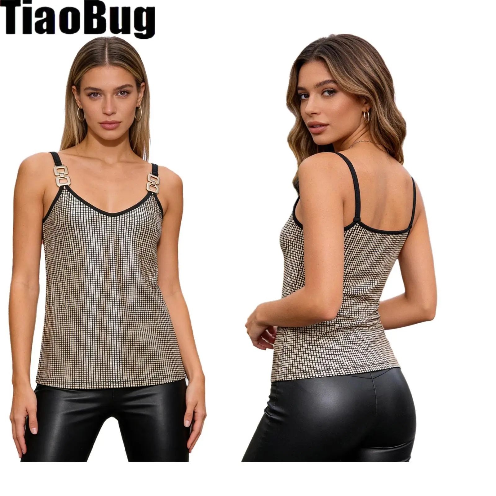 

Womens Metallic Shiny Sequin Camisole Shoulder Straps with Metal Buckle Detail V Neck Sling Top Vest Tank for Rave Club