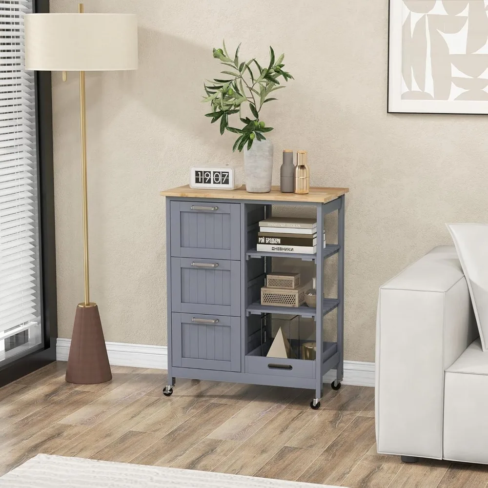 

Kitchen Island with Storage, Kitchen Trolley on Wheels with Drawers & Open Shelves, Rolling Mobile Kitchen Island Cart