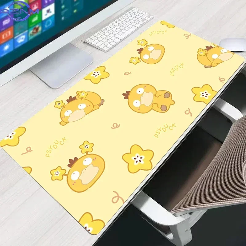 Psyduck Floral Repeat Cute Anime Mouse Pad, Rubber Non-Slip Desk Mat, Light Yellow Background Funny Pokemon Gaming Mouse Pad for