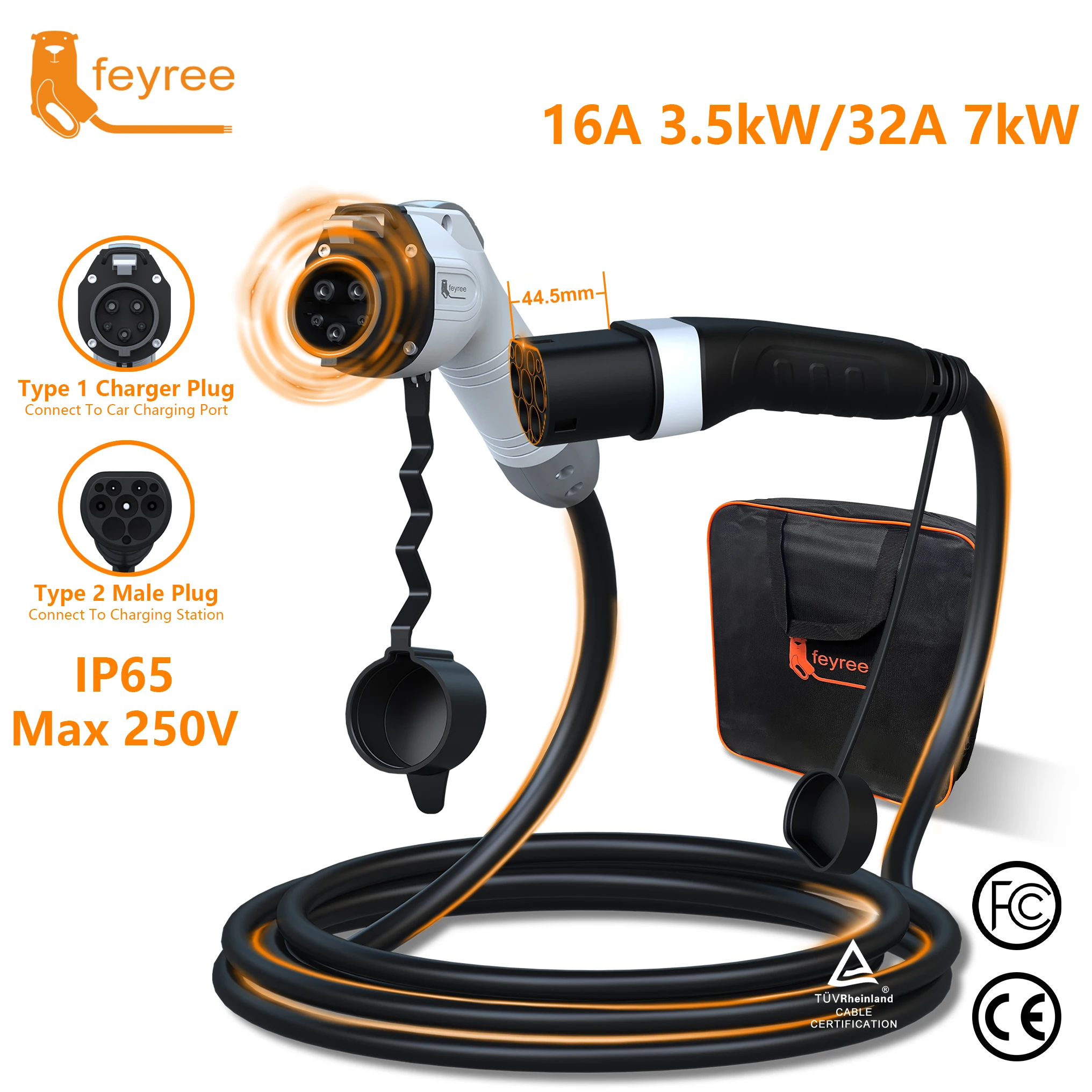 

feyree EV Charging Cable 7KW 32A 1Phase Type1 Car Charging Socket to Type2 Power Supply Side 16A 3.5KW 5m Cable for Electric Car
