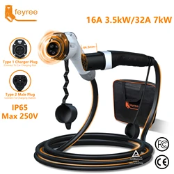 feyree EV Charging Cable 7KW 32A 1Phase Type1 Car Charging Socket to Type2 Power Supply Side 16A 3.5KW 5m Cable for Electric Car