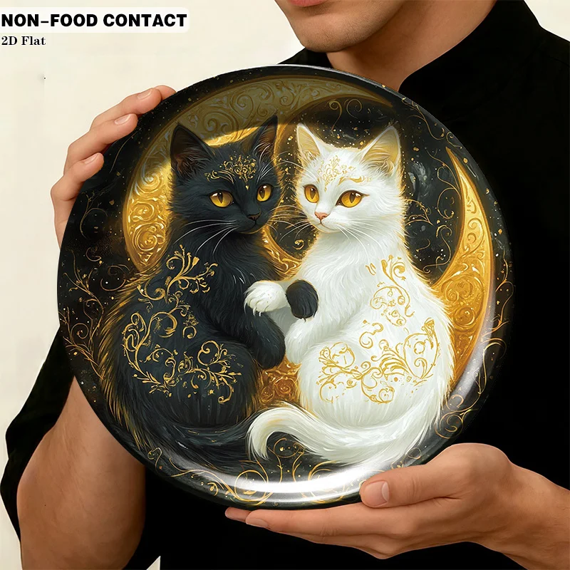 1pc Ceramic Decorative Plate, Black White Cat Moon Art Decorations, (For Decorative Purposes Solely, NON-FOOD CONTACT) - Wall