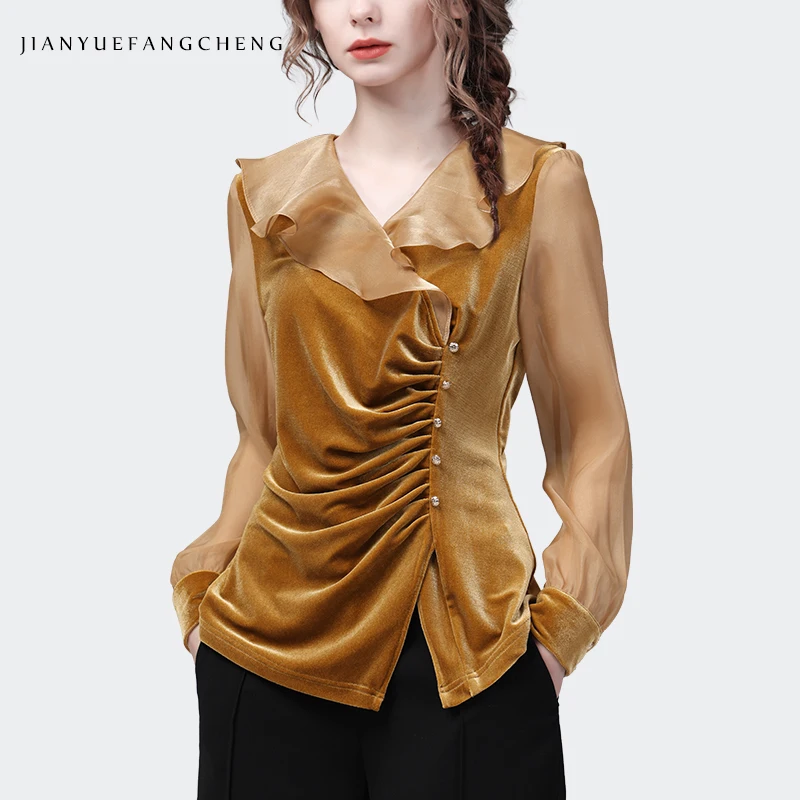 Camisa de manga larga con volantes para mujer, blusa de terciopelo amarillo brillante, nuevo diseño empalmado de Organza satinada, blusas informales de moda 2023