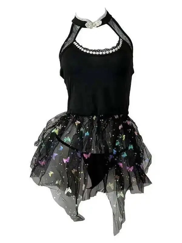 Seksowna Sukienka w Jednolitym Kolorze z Nadrukiem Motyli, Przezroczysta, Bez Pleców, Głęboki Dekolt V, Wiązana na Szyi, Bez Rękawów, Elegancka i Urocza Sukienka 5L0W