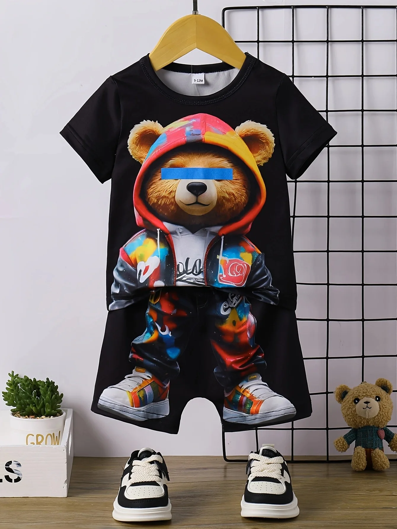 

0-3 year old new baby and toddler summer style round neck cartoon bear print short sleeved shirt shorts children's clothing set