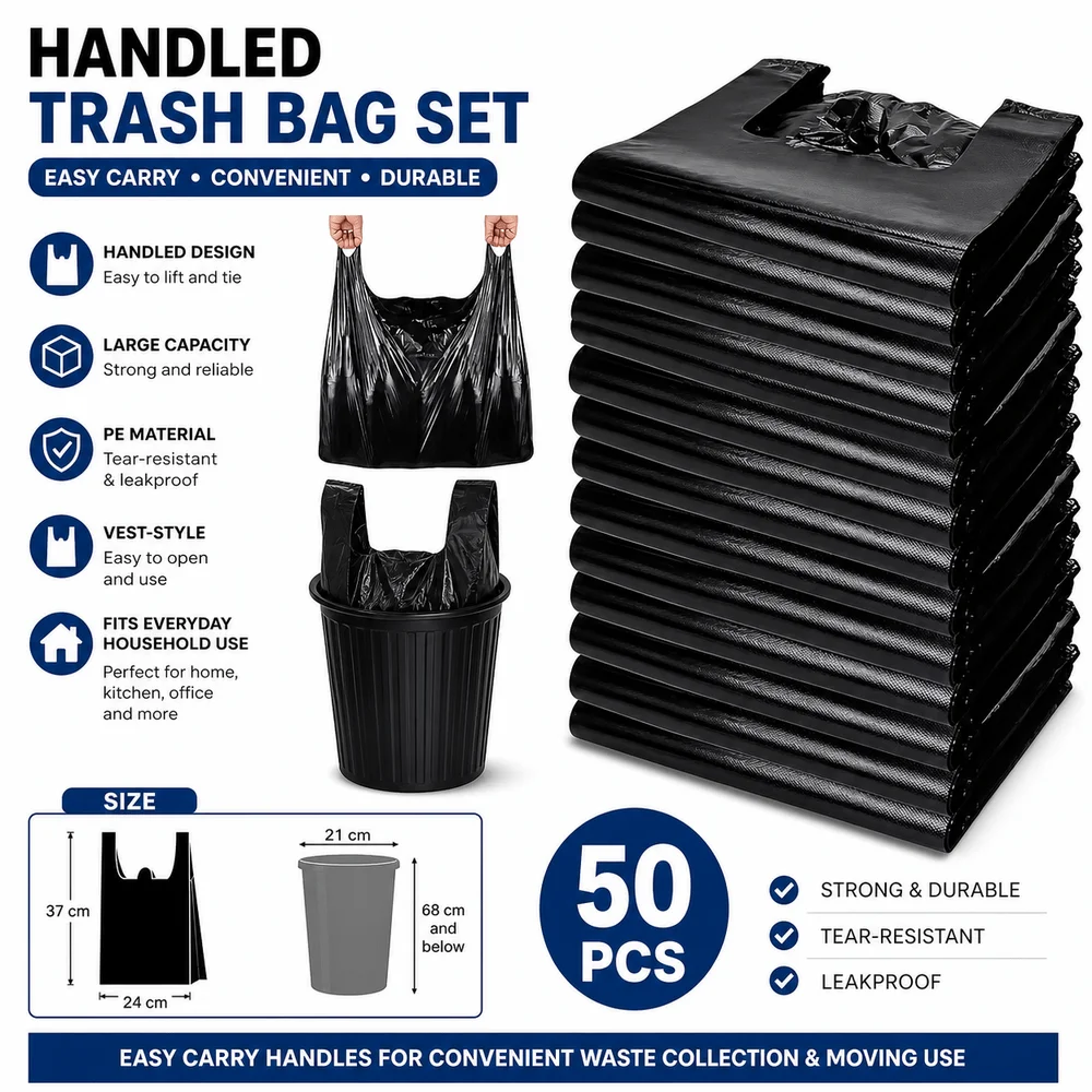 New Black Handled Trash Bags 50 PCS Pack Disposable Plastic Vest Bags Multi-Purpose Garbage Bags Household Waste Disposal