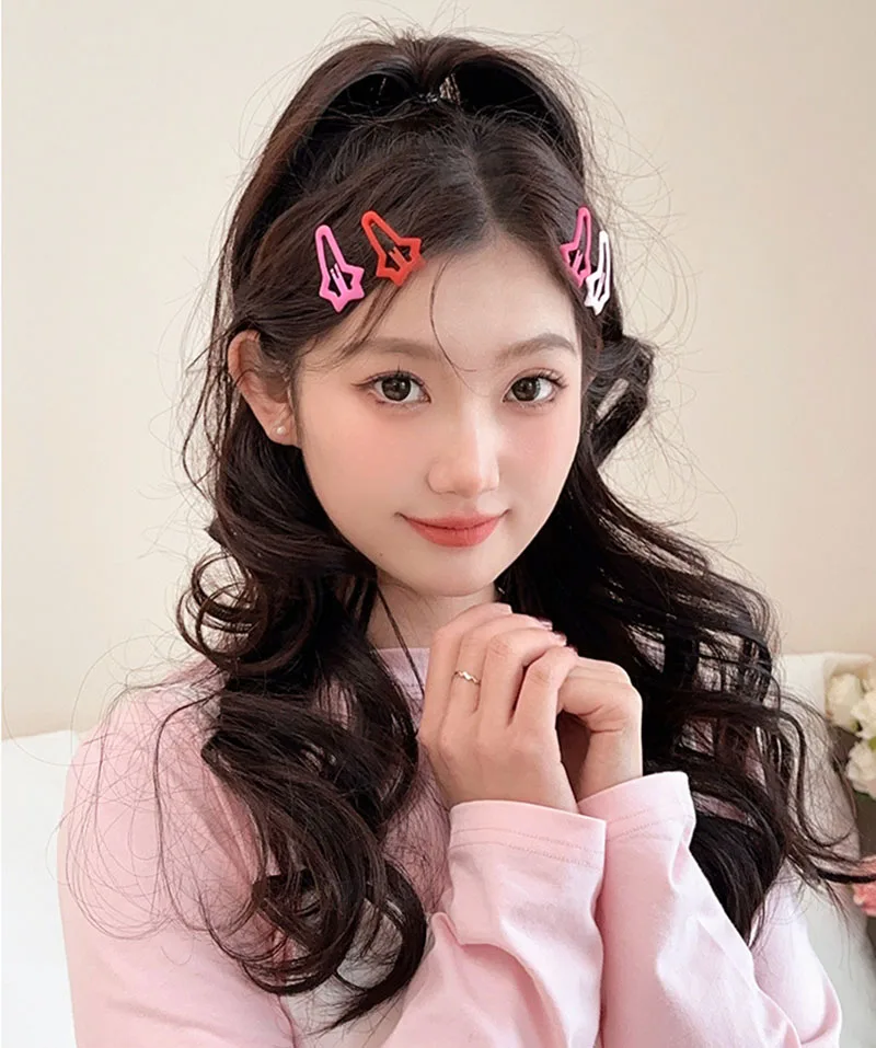 4PCS/Set Girls Pink Red Color Love Stars Square Geometric Hair Clip BB Clips Y2K Metal Bangs Side Clip Headwear Hair Accessories