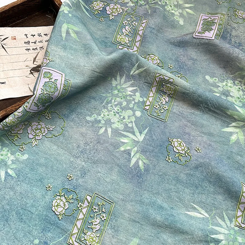 1 Meter Chinese Style Courtyard Window Spring Flower Floral Printing Jacquard Brocade Fabric Qipao Hanfu Dress Craft Wholesale
