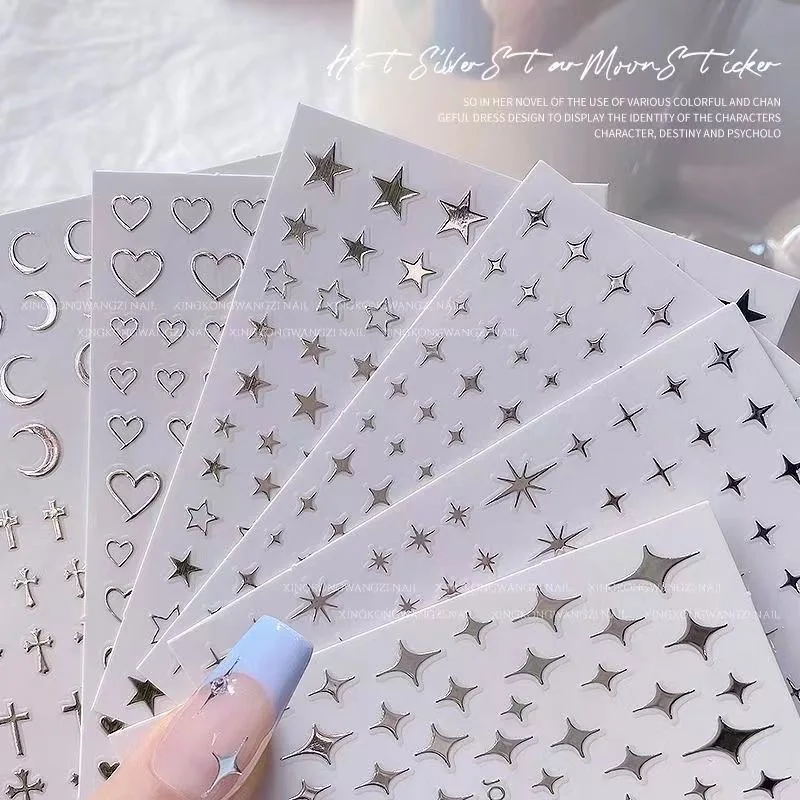 Mirror Silver Nail Stickers 3D Pentagram Star Moon Small Pattern Fingernail Decals Decoration DIY Manicure Accessories