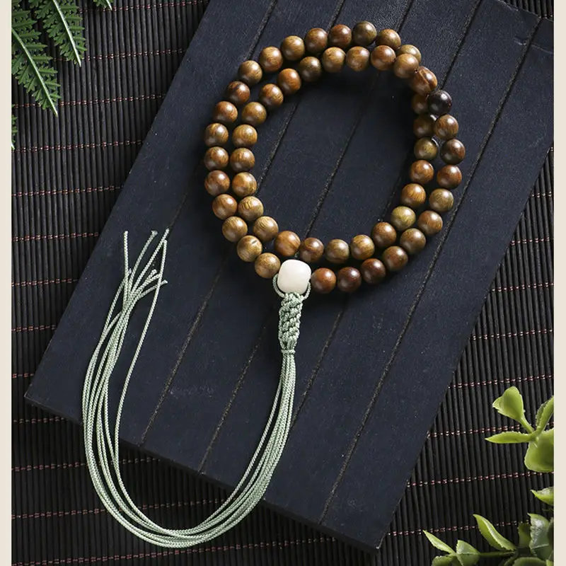 Natural Green Sandalwood 54 Pcs Bracelet Woven Pineapple Knot with Charms Zen Handheld Beads Ebony Gold Silk Wooden Hand String