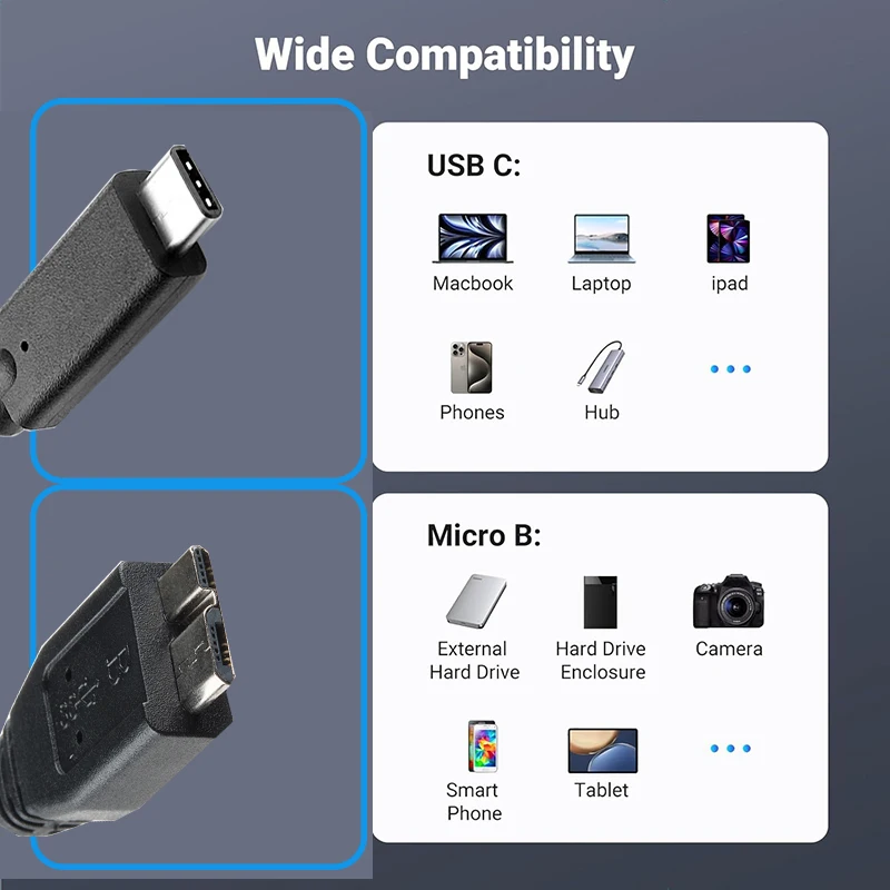USB C to Micro B 3.0 cable Short 5Gbps USB 3.1 USB-C to USB 3.0-Micro B data Sync cord for Hard Drive Disk HDD SSD cable WD