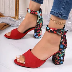 Women 2024 Summer Shoes Sqaure High Sandals Vintage Flower Print Open Toe High Heels Woman Casual Buckle Ankle Strap Sandalse
