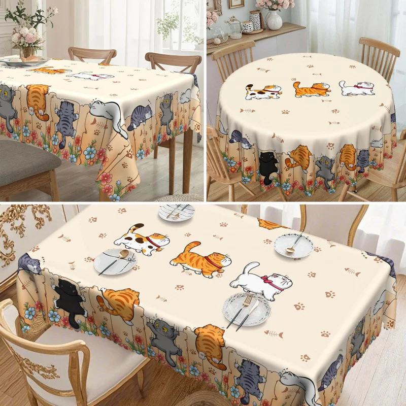 Nappe de cuisine ronde chat mignon, décoration de maison disponible, motif de dessin animé imprimé, nappe de bureau, processus de cour