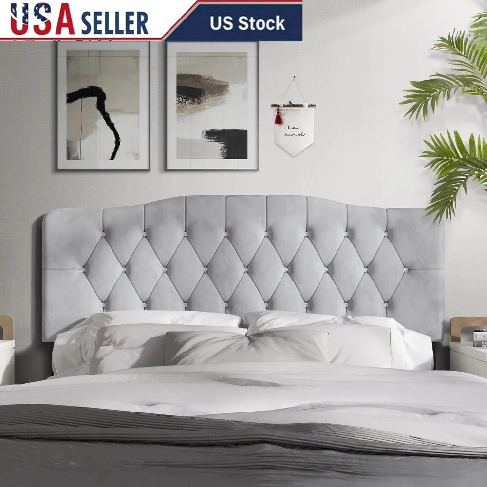 

Upholstered Tufted Headboard Adjustable Height Silver Grey Velvet Queen Size Luxurious Comfortable Bedroom Focal Point Modern