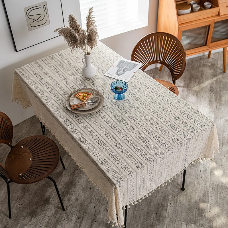 Lace Tablecloth Hollowout Woven Table Cover Embroidery Tablecloth for Dining Table Geometric Tassel Banquet Table Cloth