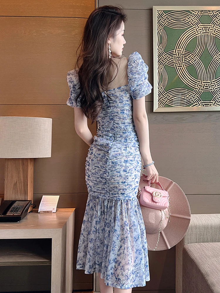 Vestido elegante de vacaciones para mujer, vestido romántico elegante con flores azules, vestido ceñido de malla con cola de pez fruncido, Vestidos de fiesta para mujer