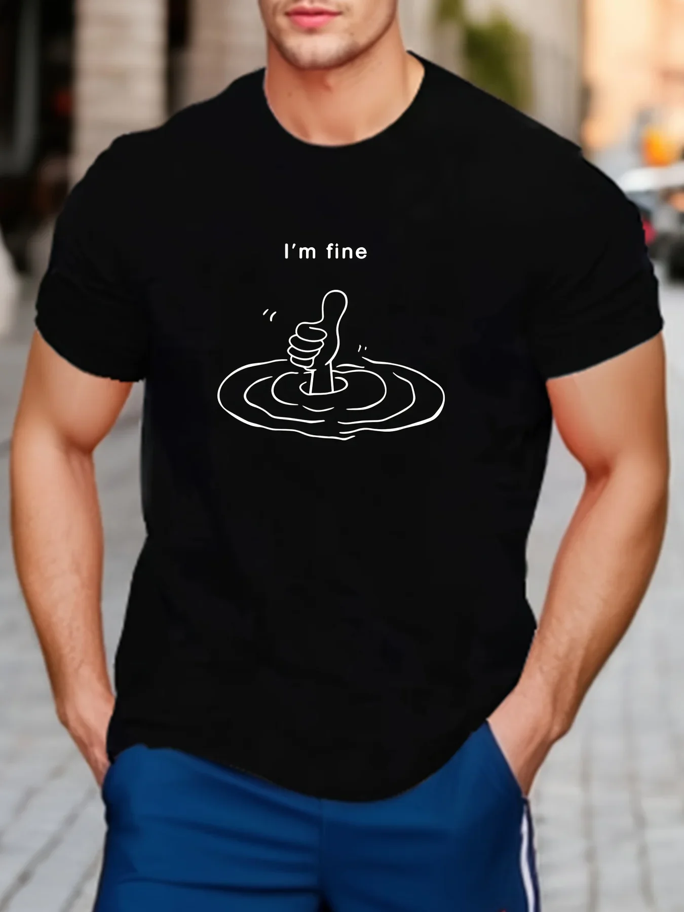 

Breathable Comfy Summer Tops For Daily Wear "I'M FINE" Creative Pattern Print Crew Neck Short Sleeve T-shirt For Men daily wear