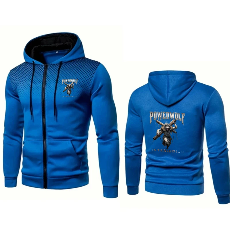 

Men's Hooded Jacket Blue PowerWolf Metal Warrior Printed Design Casual Streetwear for Music Fans Outdoor Wear