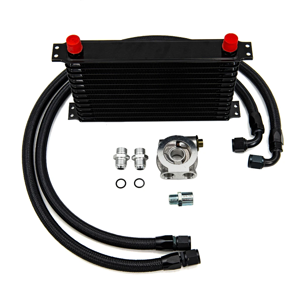 Universal 13 Rows Oil Cooler Kit AN10 Transmission Oil Cooler Kit Oil Filter Adapter with Nylon Stainless Steel Braided Hose