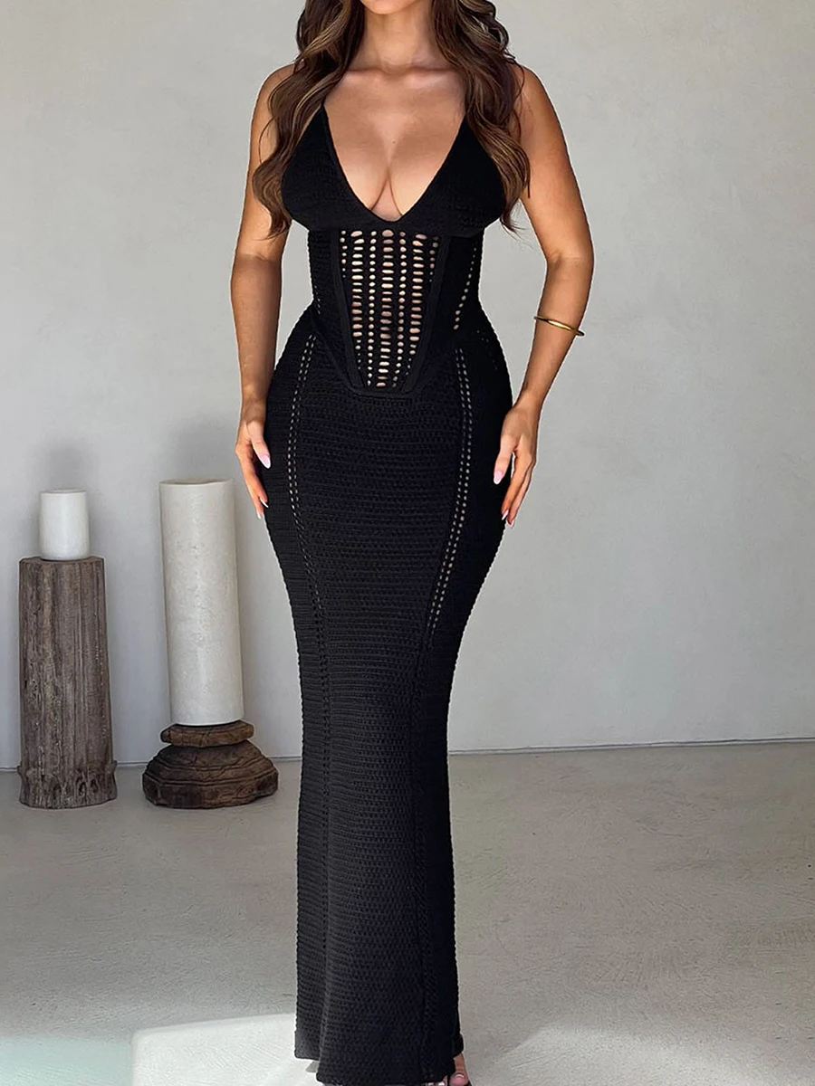 

Women Spaghetti Strap Knitted Dress Ribbed Hollow Eyelet V-Neck Low Cut Lacing Backless Sleeveless Bodycon Dresses