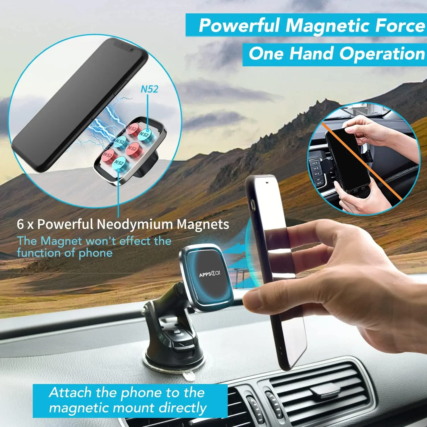 Apps2supporto per telefono per auto magnetico, supporto per parabrezza e presa d\'aria, supporto per telefono per auto potente 6 magneti integrati