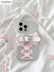 Dophee Original Sweet Girl Lace Bow Love Buckle 15 16 Pro Phone Cover Cool Hottie Y2K iPhone15promax Case Transparent Soft Shell