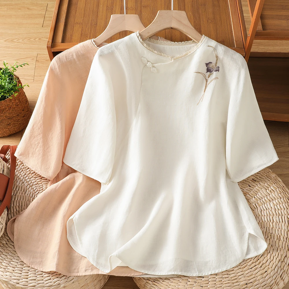

High-End plus Size Women's Cotton Linen Short Sleeve T-Shirt Embroidered Overhead Base Shirt Summer New Arrival Commute Style