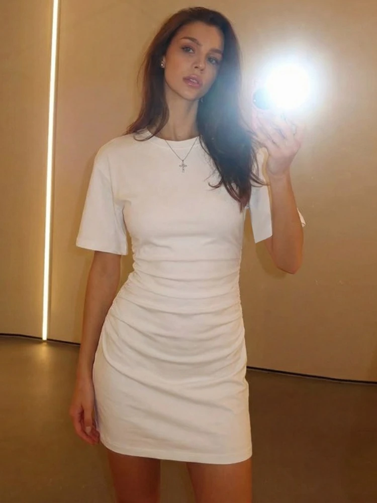 FDYOUI Fashion Casual O-neck Short Sleeve T-shirt Dress Streetwear Y2K 2026 High Waist Tunics Ruched Slim Short Party Dresses