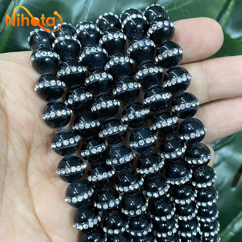 Smooth Ring Diamonds Black Agates Natural Round Beads DIY Bracelet Necklace for Fashion Jewelry Making 15