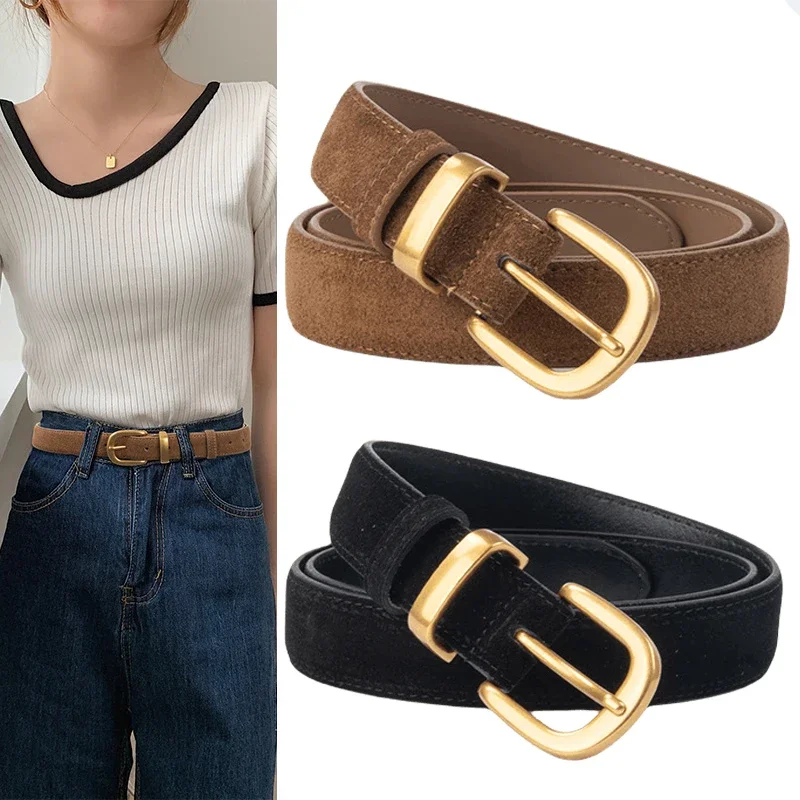 Wysokiej jakości pasek ze skóry bydlęcej damski modny uniwersalny dodatek do jeansów pas gotycki retro z metalową klamrą zamszowy pasek do talii