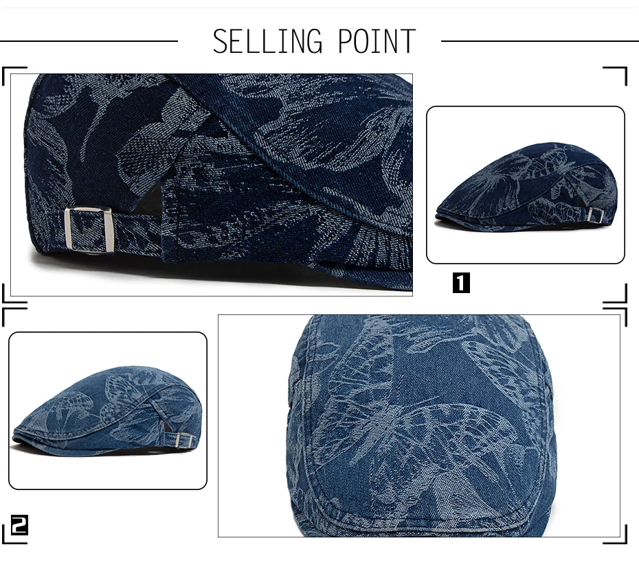 Vintage Denim Drucke Schmetterling Berets Frauen Zeitungsjunge Mütze Sommer Casual Single Layer Caps Herbst Baumwolle Visier Flachen Hut Für Unisex – Detail 2