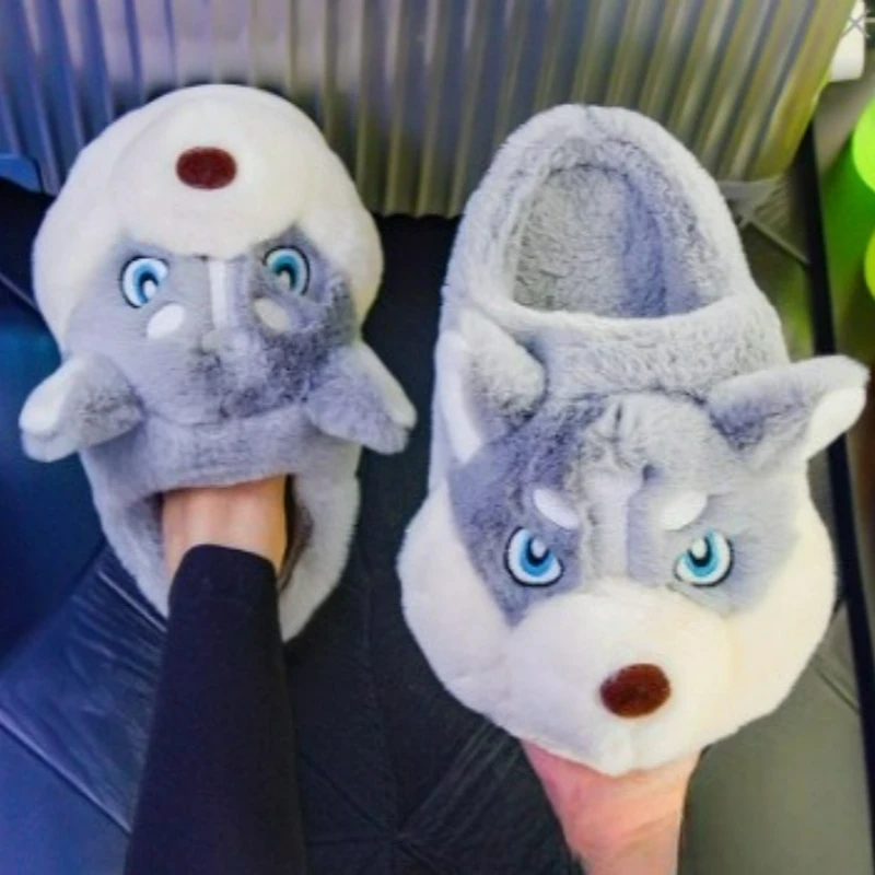 Women Indoor Cotton Slippers Cute Cartoon Dog Winter Warm Shoes Couples Home Floor Slides Anti-slip Female Male House Footwear