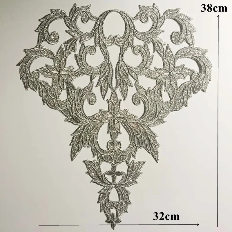 Silver Embroidery Baroque Grid Sequin Flower Applique Sew Iron Patch Collar Wedding Gown Bridal Dress Clothes DIY Handwork Craft