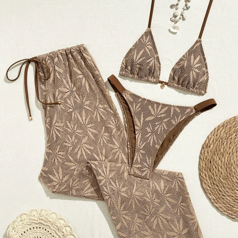 

2026 New Women's 3-Piece Bikini Set Halter Neck Beach Swimsuit Long Skirt Beachwear